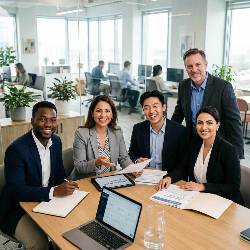 Diverse team of insurance professionals collaborating